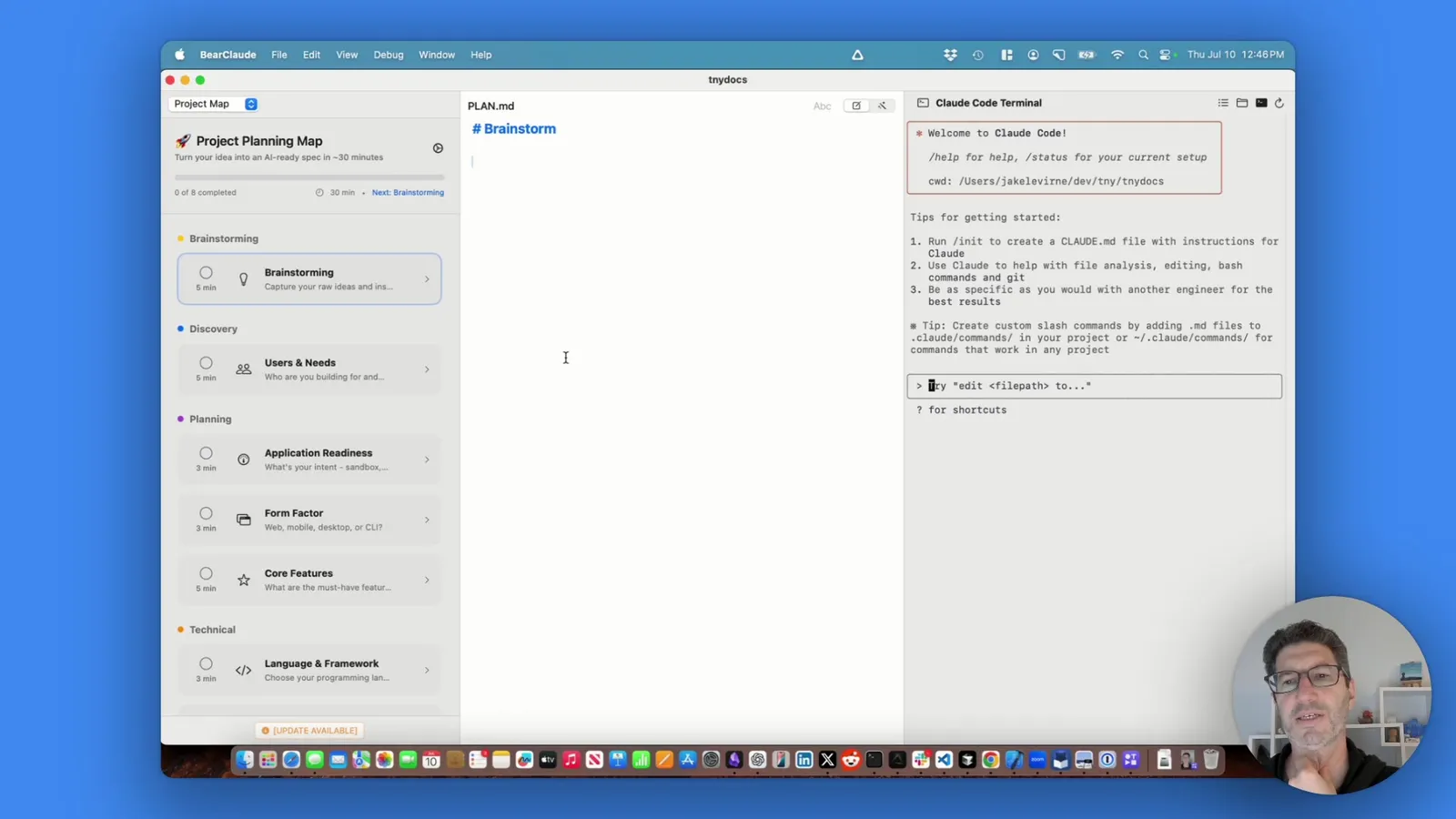 The Project Planning Map interface used to brainstorm TinyDocs.