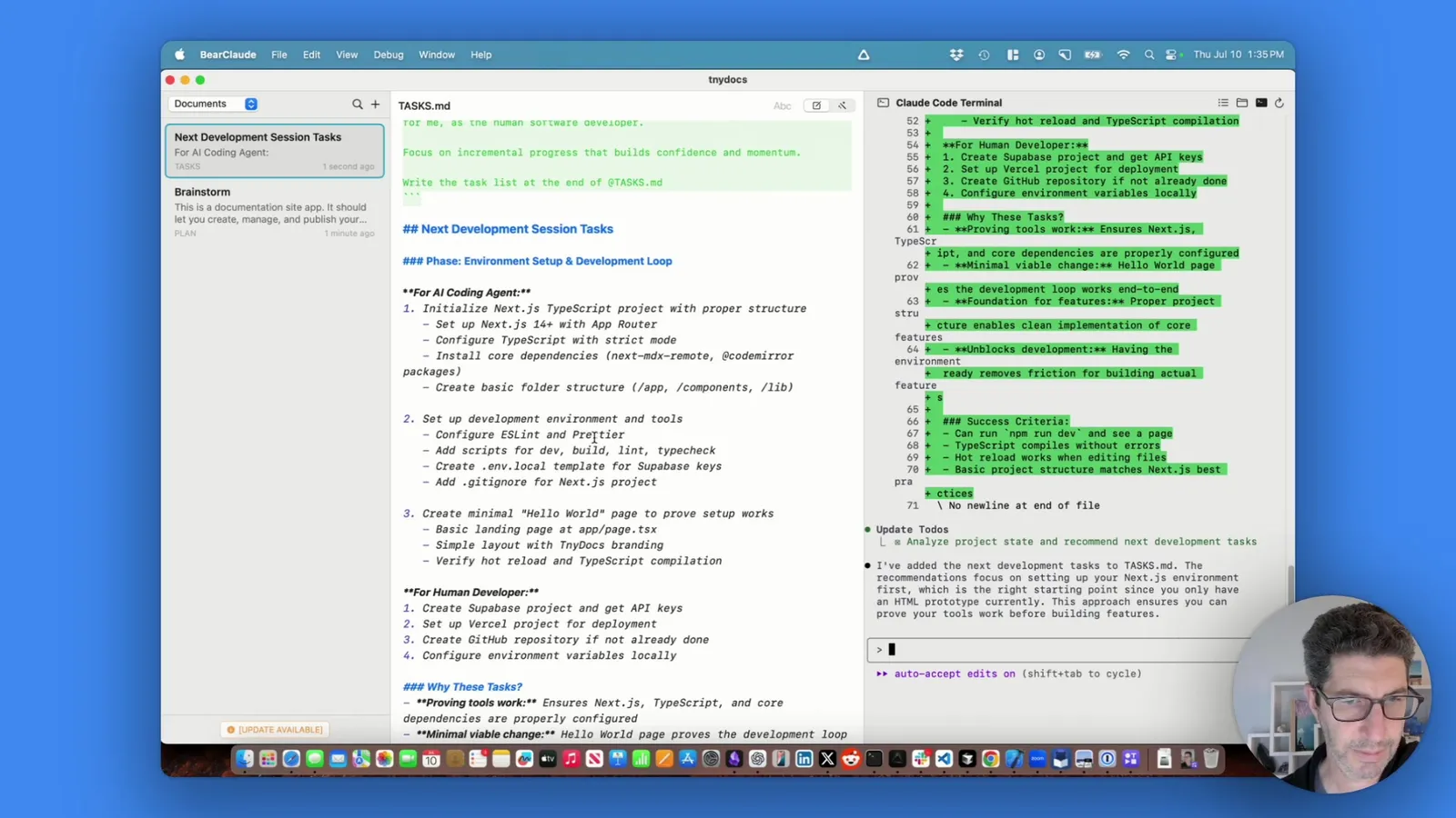 The AI-generated task list for the first development session.