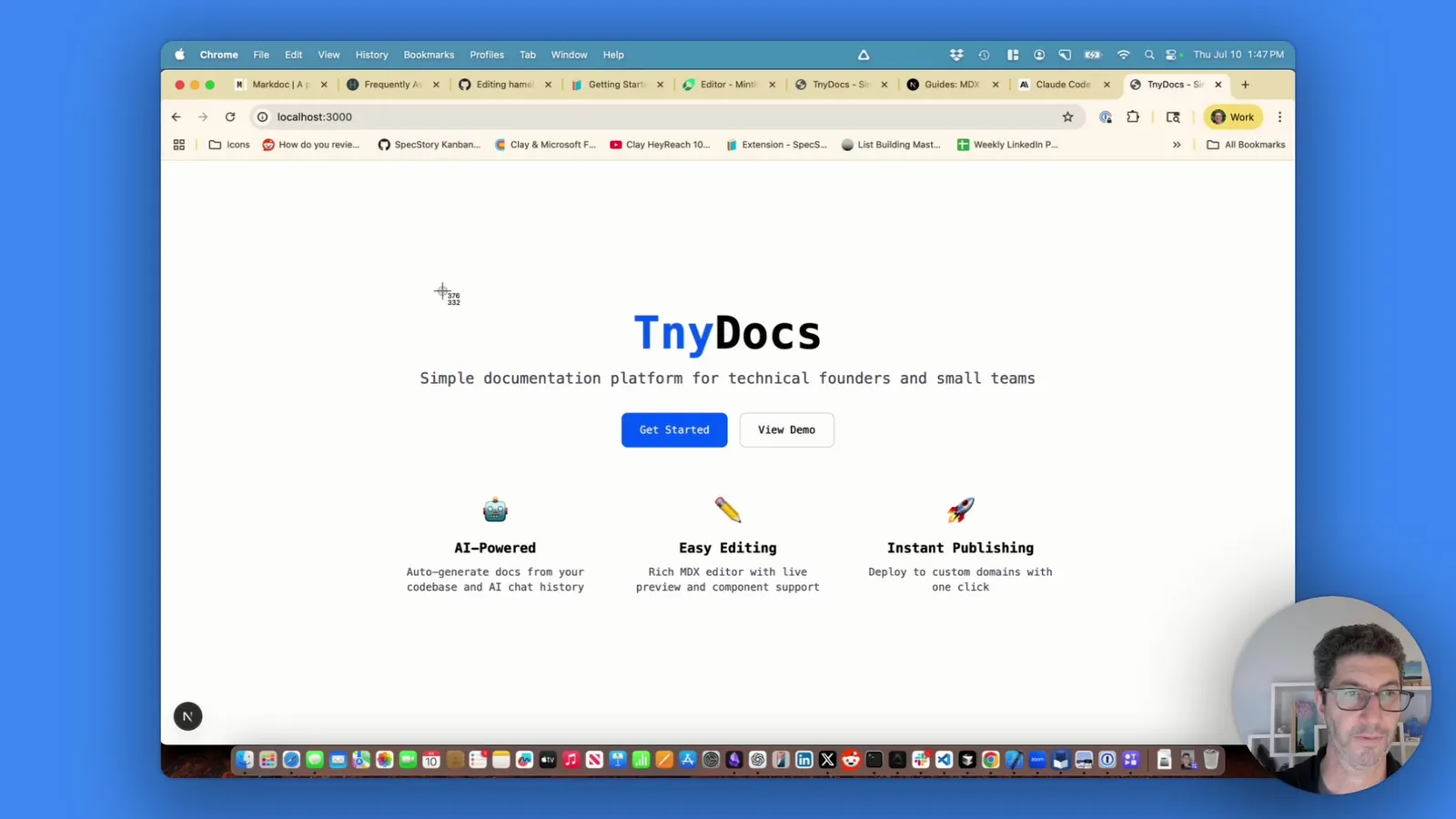 The first successful launch of the TinyDocs landing page.